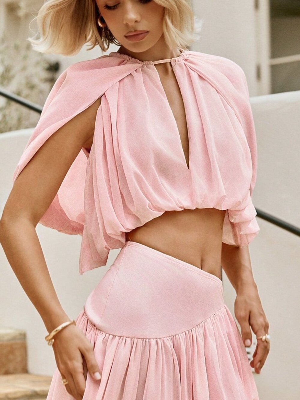 Pink Elegant Women's Pleated Draped Blouse - Picture 4 of 6